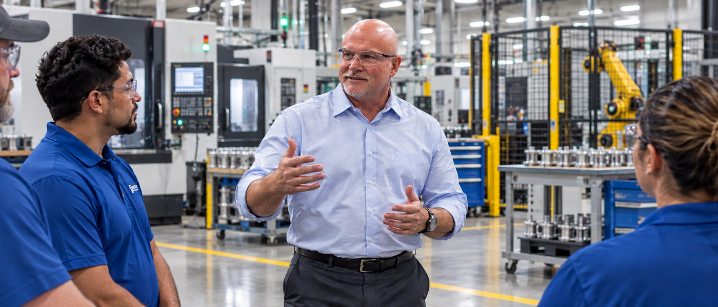 Brian T. Fisher conducting a Gemba walk with his operations team on the manufacturing floor